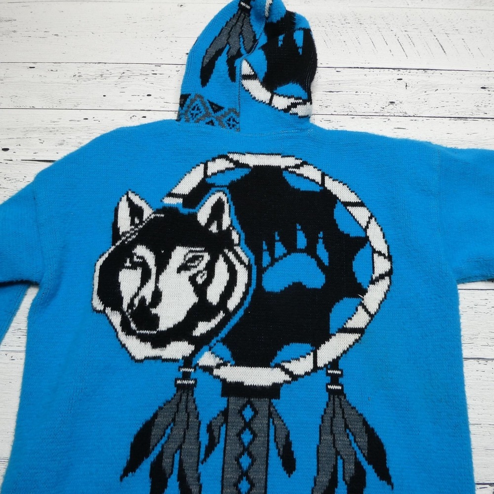 Tejidos Ruminahui Sweater Mens Large Wolf Dreamcatcher Hooded Jacket Ecuador - Picture 6 of 10